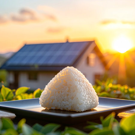 Triangular rice ball on a dark plate with a house and solar panels at sunset Clear details and vibrant colors...の素材