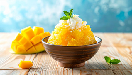 Mango shaved ice with shredded coconut and mint in a brown bowl Clear details and vibrant colors enhance visu...の素材