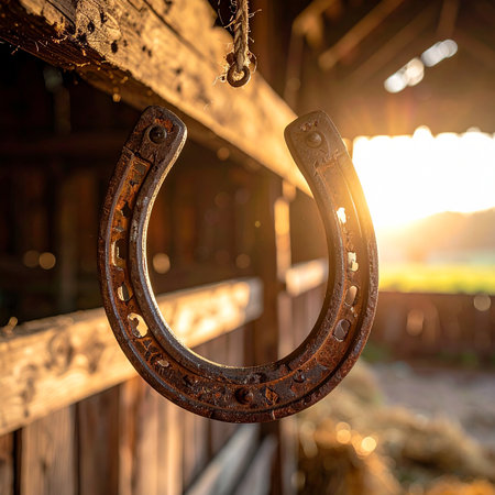 A weathered rusty horseshoe hangs from a rope in a rustic barn with golden sunlight.の素材