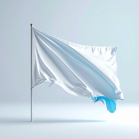 A white flag with a blue feather attached flutters in the wind. Clear details and vibrant colors enhance visu...の素材