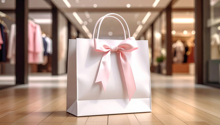 A white shopping bag with a pink satin bow rests on a polished wooden floor in a retail store.の素材