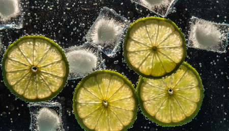 Translucent lime slices and ice cubes with bubbles in dark liquid Clear details and vibrant colors enhance vi...の素材