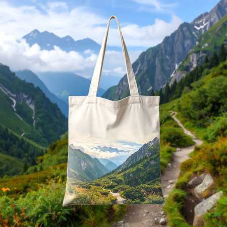 A tote bag with a mountain valley vista print is placed in a natural outdoor setting.の素材