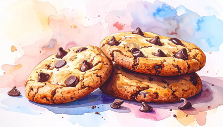 Watercolor painting of three chocolate chip cookies with scattered chips and artistic backgroundの素材