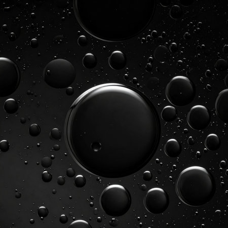 Abstract dark background with many black oil and water bubbles and spheres Clear details and vibrant colors e...の素材