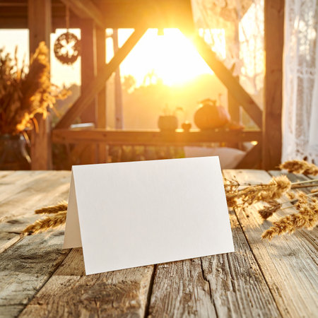 Blank folded card on a rustic wooden table with dried grass and golden sunset light.の素材