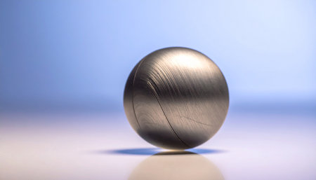 A brushed metal sphere with a subtle curve sits on a reflective surface with a blue gradient background.の素材