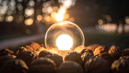 Bright light bulb inside glass sphere surrounded by walnuts in sunlight Clear details and vibrant colors enha...の素材