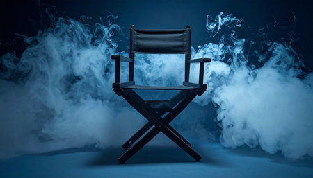 Black director's chair in a dark studio with swirling blue smoke and mist Clear details and vibrant colors en...の素材