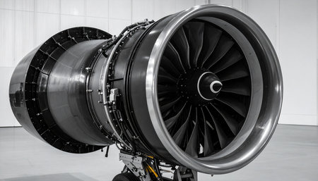 A detailed view of a large jet engine, showcasing its fan blades and metallic structure.の素材