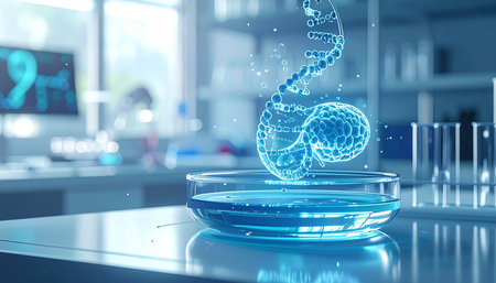 A blue DNA strand and cell model are displayed in a petri dish within a laboratory setting.の素材