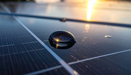 A single water droplet rests on a solar panel, reflecting the warm sunset light. Clear details and vibrant co...の素材