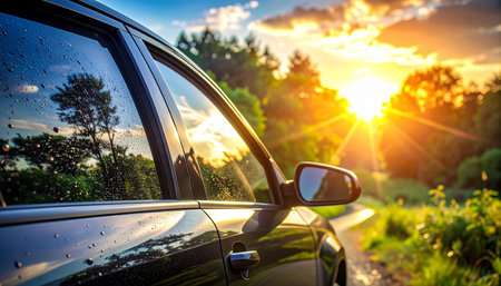 Car on a road with water droplets reflecting sunset and green foliage Clear details and vibrant colors enhanc...の素材