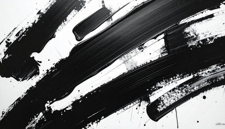 Abstract black paint strokes and splatters create a dynamic textured background on white.の素材