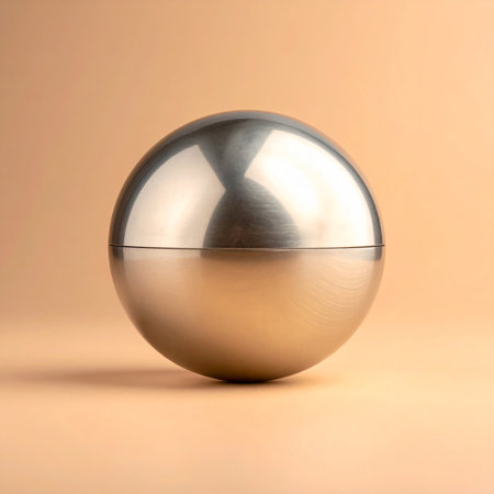 A brushed silver sphere with soft reflections is placed on a peach colored background.の素材