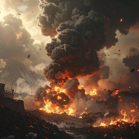 A massive explosion engulfs a ruined city with dark smoke and bright orange flames.の素材