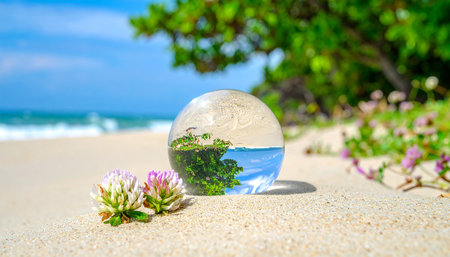 Crystal ball on beach sand with clover flowers reflects ocean and trees. Clear details and vibrant colors enh...の素材