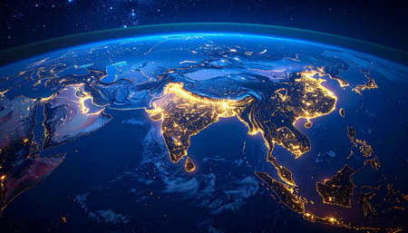 Earth from space at night showing glowing lights of Asia and India. Clear details and vibrant colors enhance ...の素材