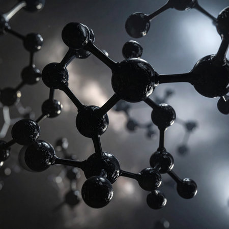 Dark glossy molecular bonds and spheres against a moody, textured background with soft light.の素材