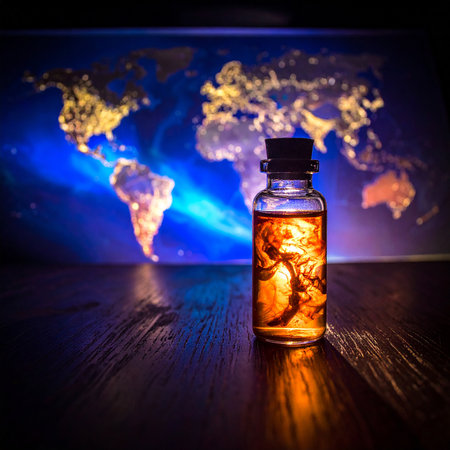 A corked glass bottle with swirling amber liquid and dark shapes is set against a glowing world map.の素材