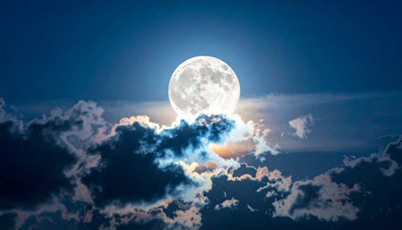 A full moon shines through dark, dramatic clouds, with subtle orange light illuminating the edges.の素材