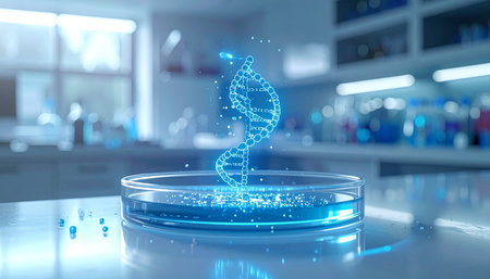 A glowing blue DNA helix hologram hovers over a petri dish in a modern laboratory.の素材
