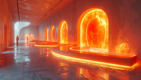 A sleek, modern hallway with arched openings revealing fiery orange orbs and light.の素材