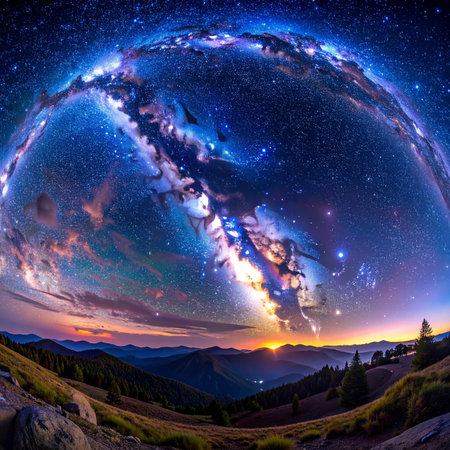 Fisheye view of a galaxy arching over a mountainous landscape during a vibrant sunset.の素材