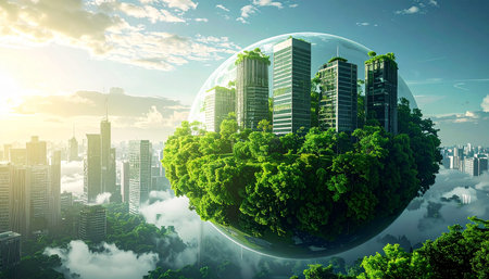 A futuristic floating city within a transparent sphere surrounded by greenery. Clear details and vibrant colo...の素材