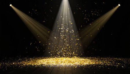 Golden confetti showers down from spotlights onto a dark wooden stage floor. Clear details and vibrant colors...の素材