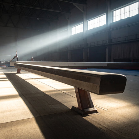 A balance beam in a sunlit gymnasium with athletes in the background and dramatic light rays.の素材