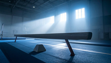 Facility showing gymnastics balance beam on a blue mat in a misty gymnasium with light rays keywords:...の素材