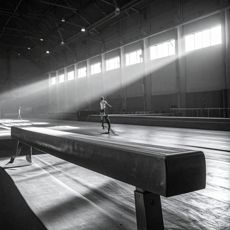 A black and white image of a balance beam in a sunlit gymnasium with athletes training in the background.の素材