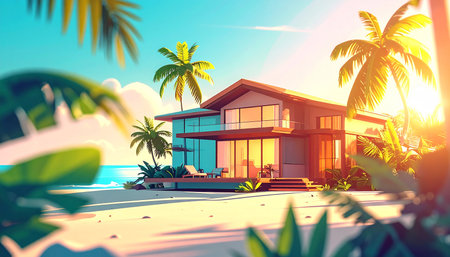 A modern villa with palm trees on a sandy beach with the ocean in the background.の素材