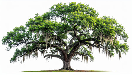 A large live oak tree with Spanish moss hanging from its branches on a white background.の素材