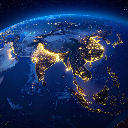 Earth at night from space, featuring bright city lights illuminating landmasses in Asia.の素材