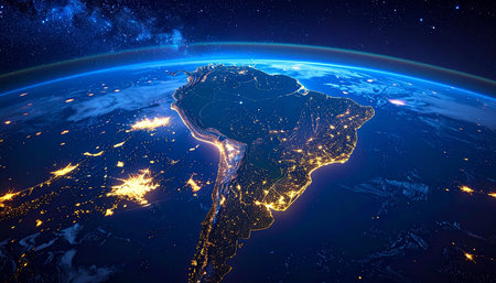 South America illuminated by city lights at night from space. Clear details and vibrant colors enhance visual...の素材