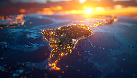 South America glows with city lights at sunset from space. Clear details and vibrant colors enhance visual ap...の素材