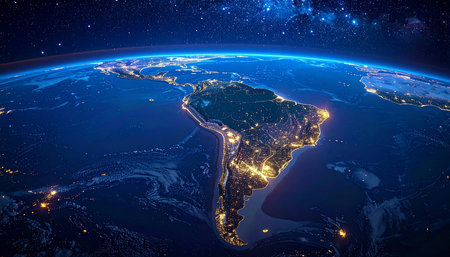 View of South America at night from space, glowing with city lights under a starry sky.の素材