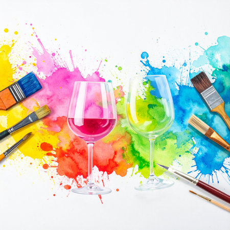 Two wine glasses with colorful watercolor splashes and art brushes on white backgroundの素材