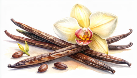 Vanilla pods and a pale yellow orchid flower with seeds on a white background Clear details and vibrant color...の素材