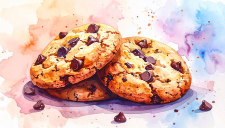 Watercolor illustration of three chocolate chip cookies with scattered chips. Clear details and vibrant color...の素材