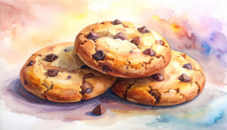 Watercolor illustration of three chocolate chip cookies stacked with artistic backgroundの素材