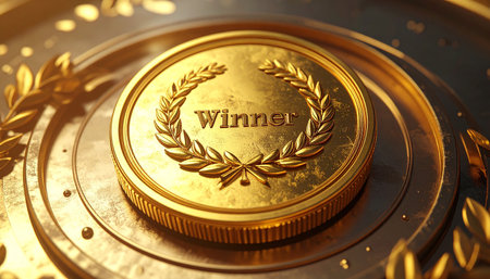 A close-up of a golden medal with the word Winner and a laurel wreath. Clear details and vibrant colors enhanc...の素材