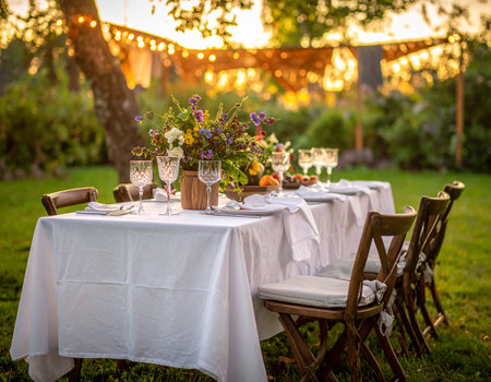 A garden table set for a party with flowers and string lights in the evening Clear details and vibrant colors ...の素材