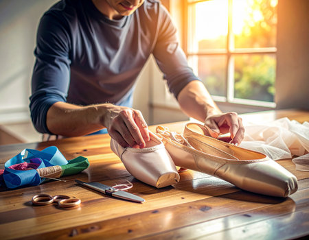 A man's hands meticulously prepare ballet pointe shoes with ribbons and sewing tools on a wooden surface.の素材