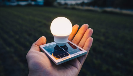 A hand holds a small solar panel with a lit LED bulb on top at dusk. Clear details and vibrant colors enhance ...の素材