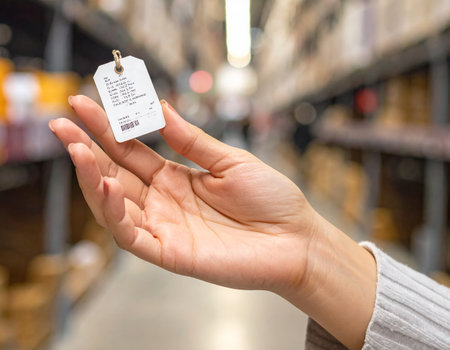A hand holds a white tag with a barcode in a blurred warehouse aisle with shelves of products.の素材