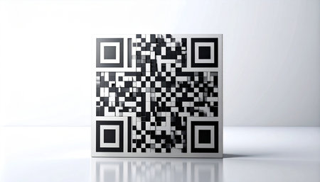 A 3D QR code with a metallic frame and a pixelated center is displayed on a white background.の素材