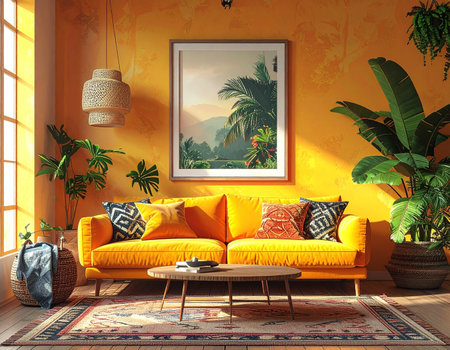 interior with yellow sofa. 3d render illustration mock-upの素材